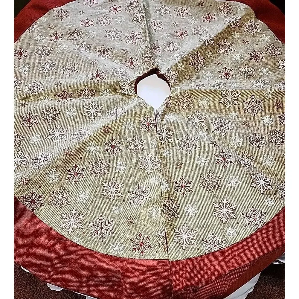 Christmas Tree Skirt Burlap Red Brown Snowflakes 34